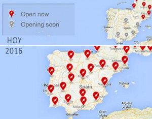 Ubicación de supercargadores en España (HOY-2016) según la web de Tesla Motors