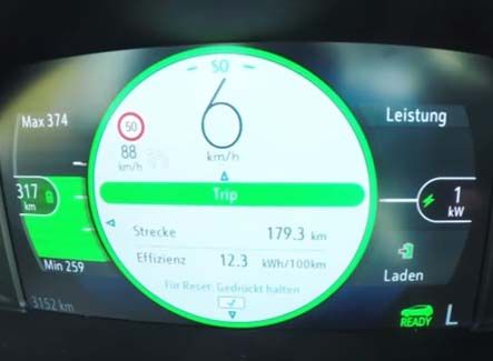 Cuadro de instrumentos del Opel Ampera-e mostrando datgos intermedios del viaje