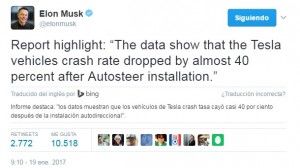 Tweet traducido de Elon Musk sobre el descenso de la tasa de accidentes gracias al Autopilot