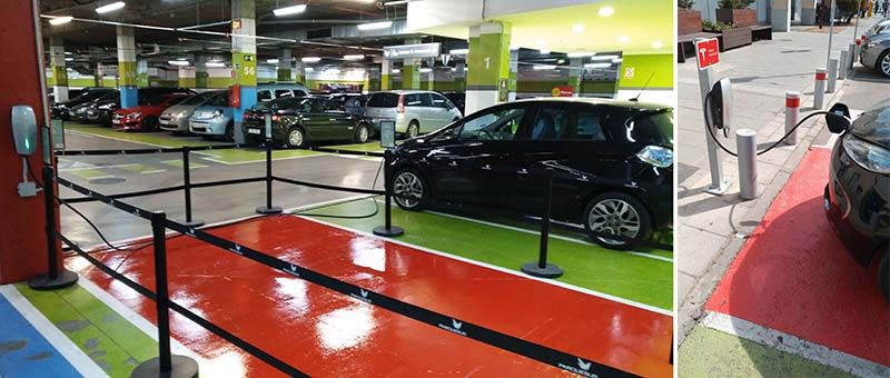 Puntos de recarga de Tesla en el Centro Comercial ParqueSur de Madrid