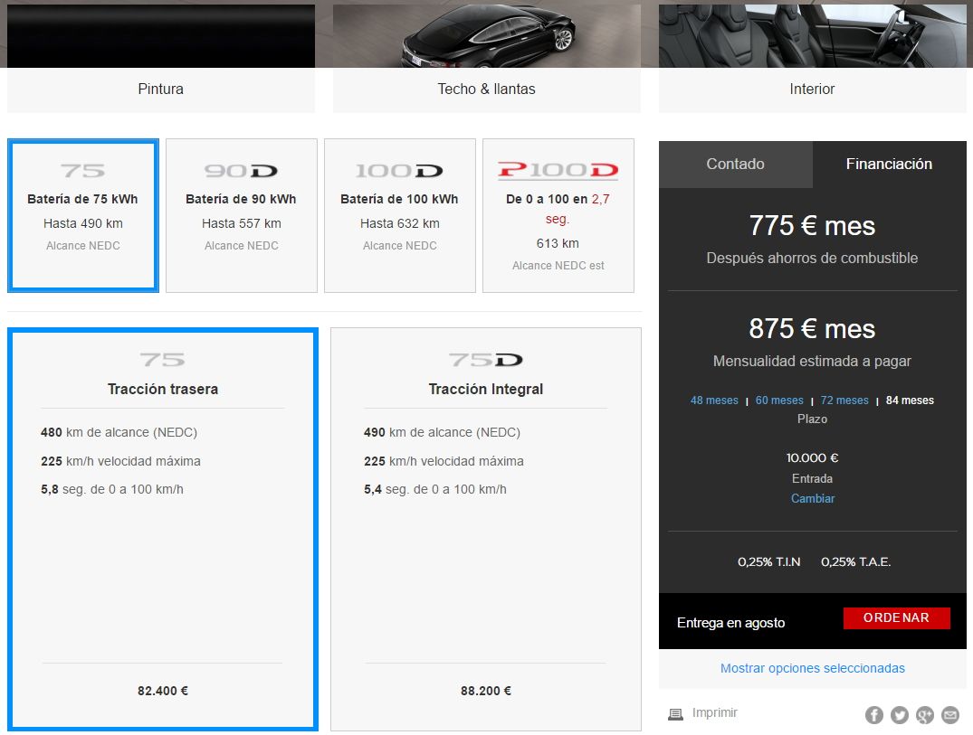 Configurador actual de Tesla basado en capacidades de batería