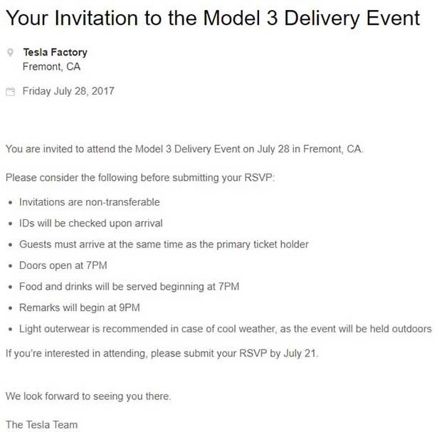 Condiciones de la invitación al evento del Tesla Odel 3 del 28 de julio