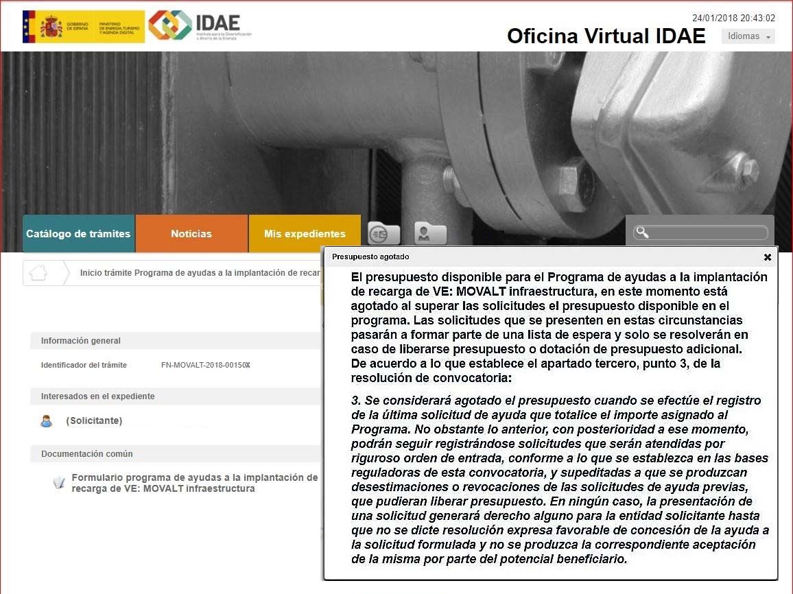 Página web del IDAE. Plan Movalt Infraestructura