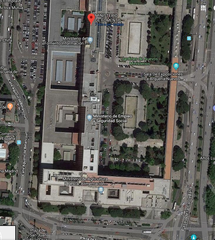 Zona sur del complejo de Nuevos Ministerios de Madrid, sede del Ministerio para la Transición Ecológica, entre otros.