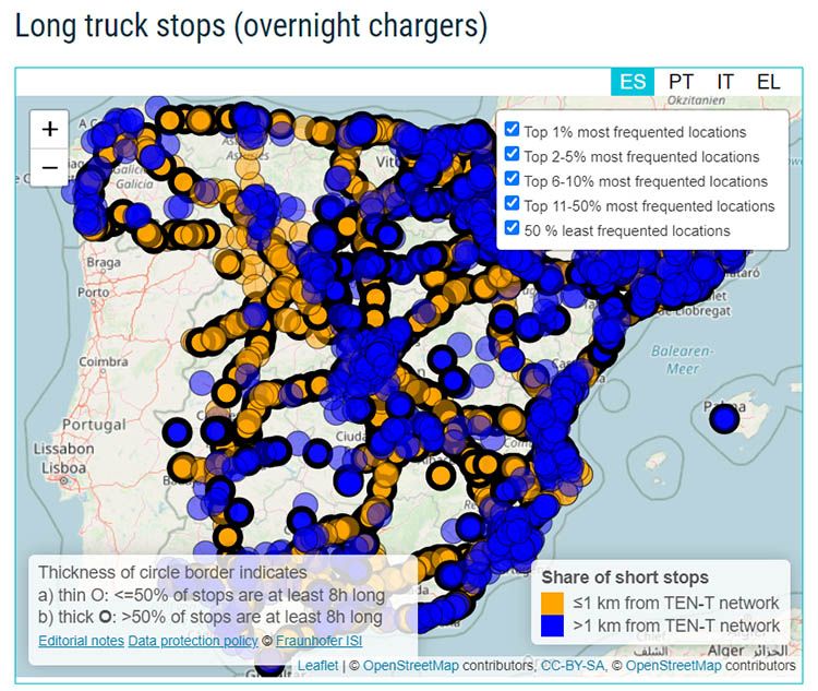 Mapa con infraestructura para camiones grandes