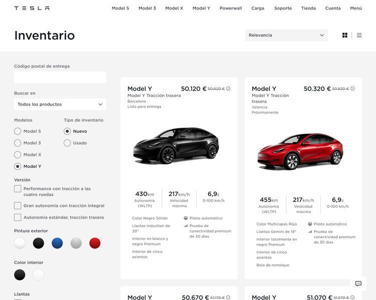 Inventario Tesla Model Y tracción trasera 500 euros descuento